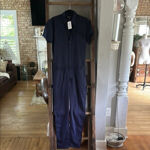 ROMPERJACK PINSTRIP NAVY SHORT SLEEVE JUMPSUIT SMALL NEW